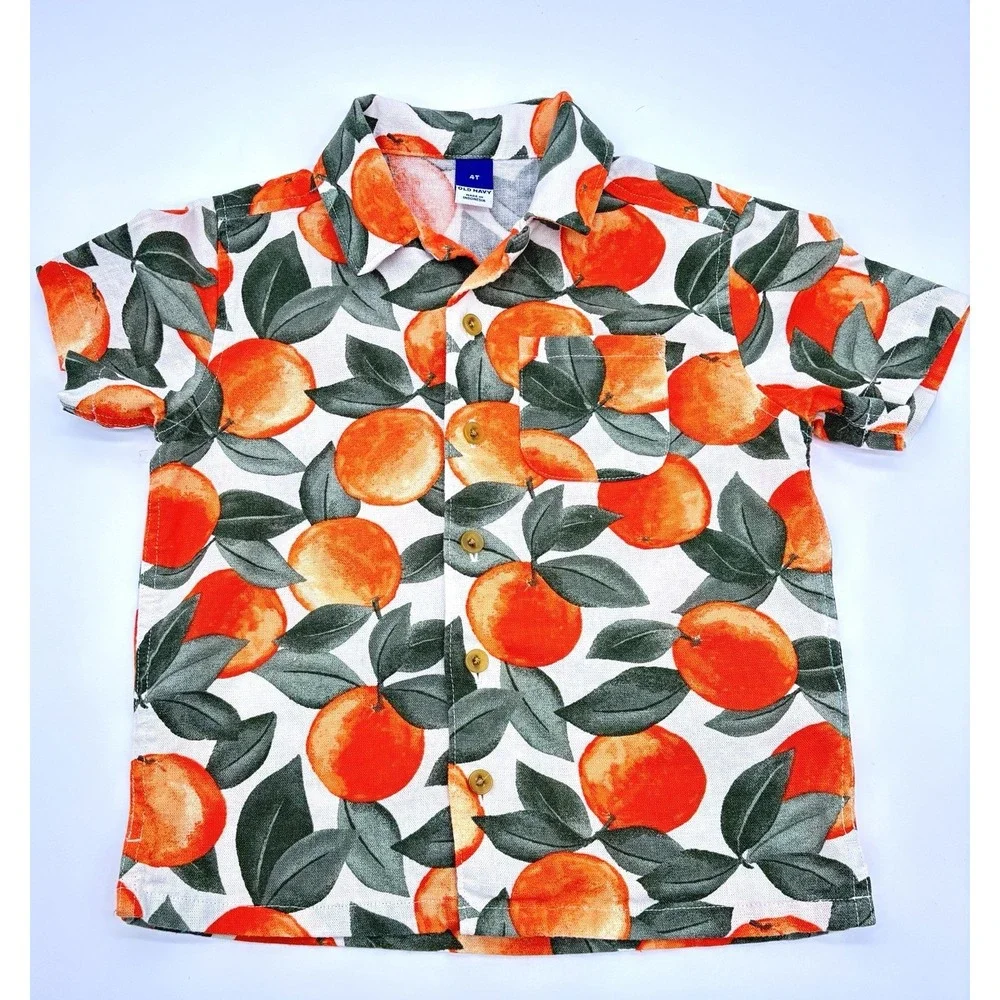Old Navy Button Down Shirt Linen Blend Boys 4T Orange Tree Print Ivory
